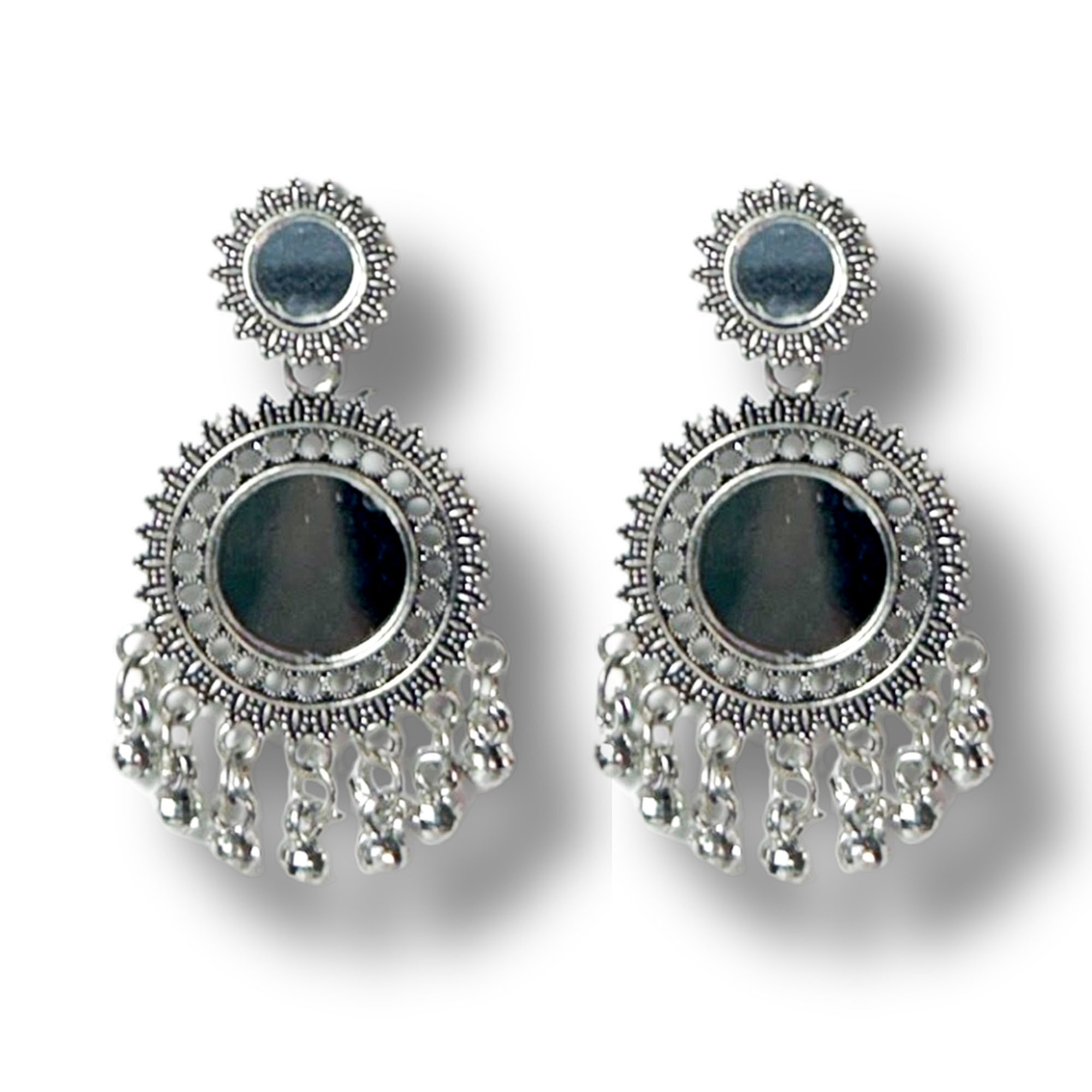 Mirror Silver Jhumka Earrings with Mirror Centerpiece - Image 1